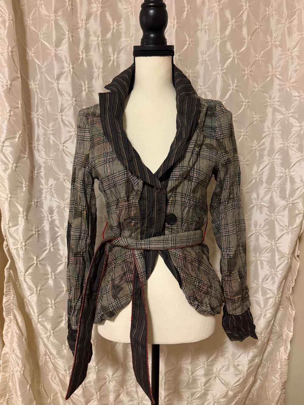 Vintage Hazel Plaid Pinstripe Blazer Jacket 2000s Y2K Whimsygoth Grunge Tie Belt